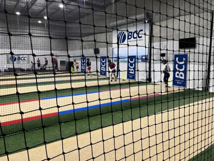 Player batting in the high-quality indoor cricket nets at Brisbane Cricket Centre